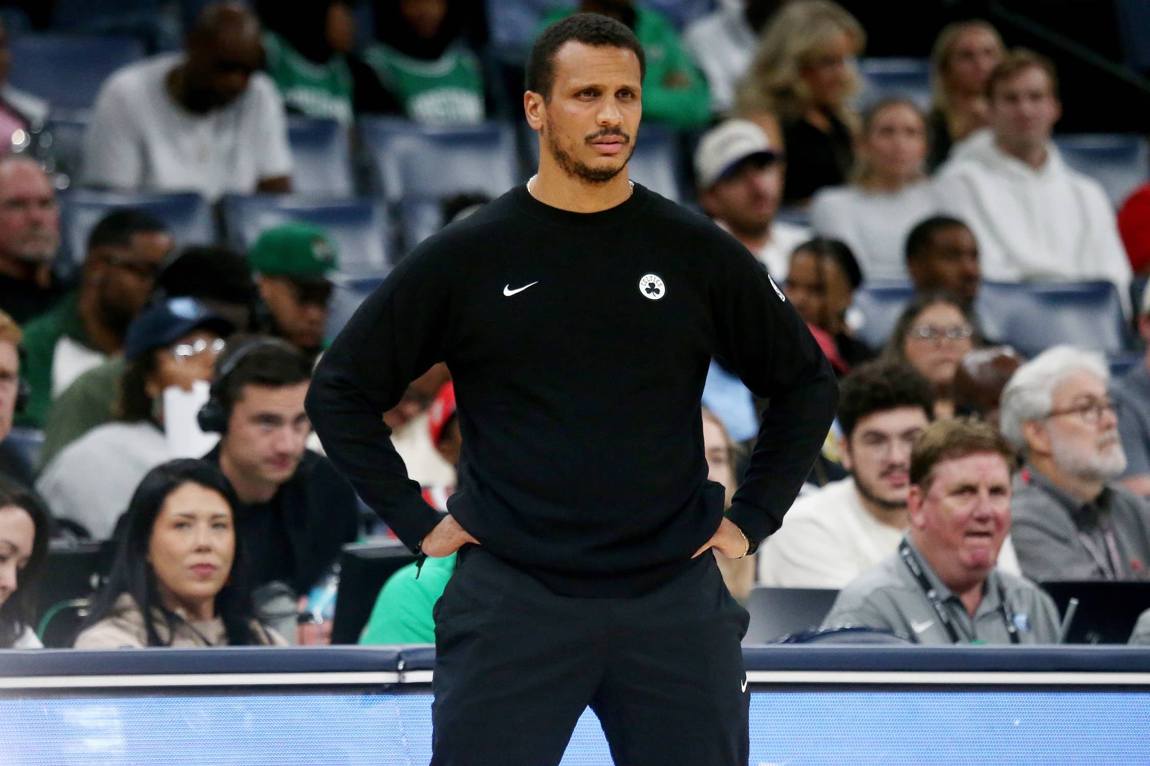 Memphis, Tennessee, USA; Boston Celtics head coach Joe Mazzulla looks on during the third quarter against the Memphis Grizzlies at FedExForum. Mandatory Credit: Petre Thomas-Imagn Images