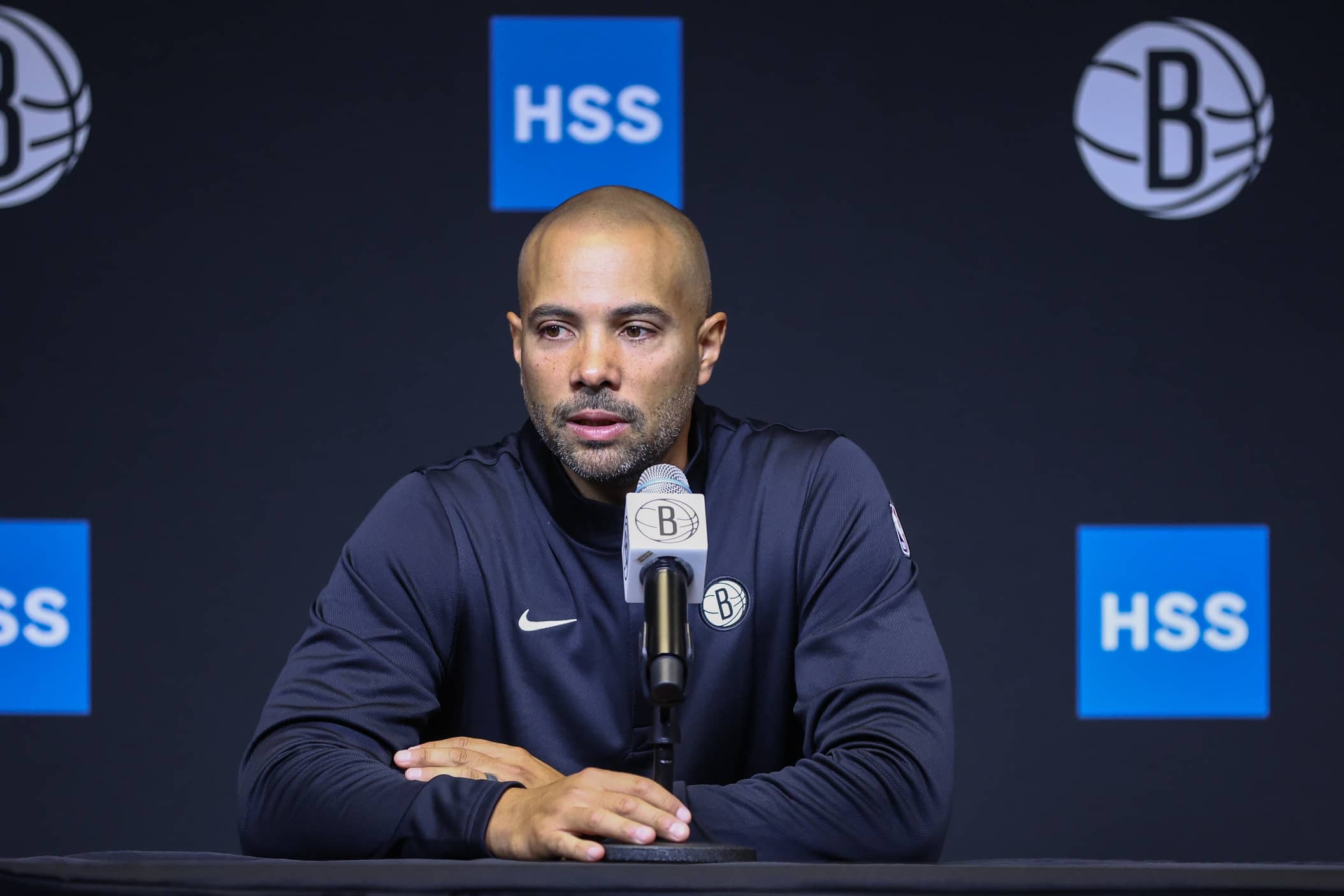 Brooklyn, NY, USA; Brooklyn Nets head coach Jordi Fernandez speaks at Media Day. Mandatory Credit: Wendell Cruz-Imagn Images