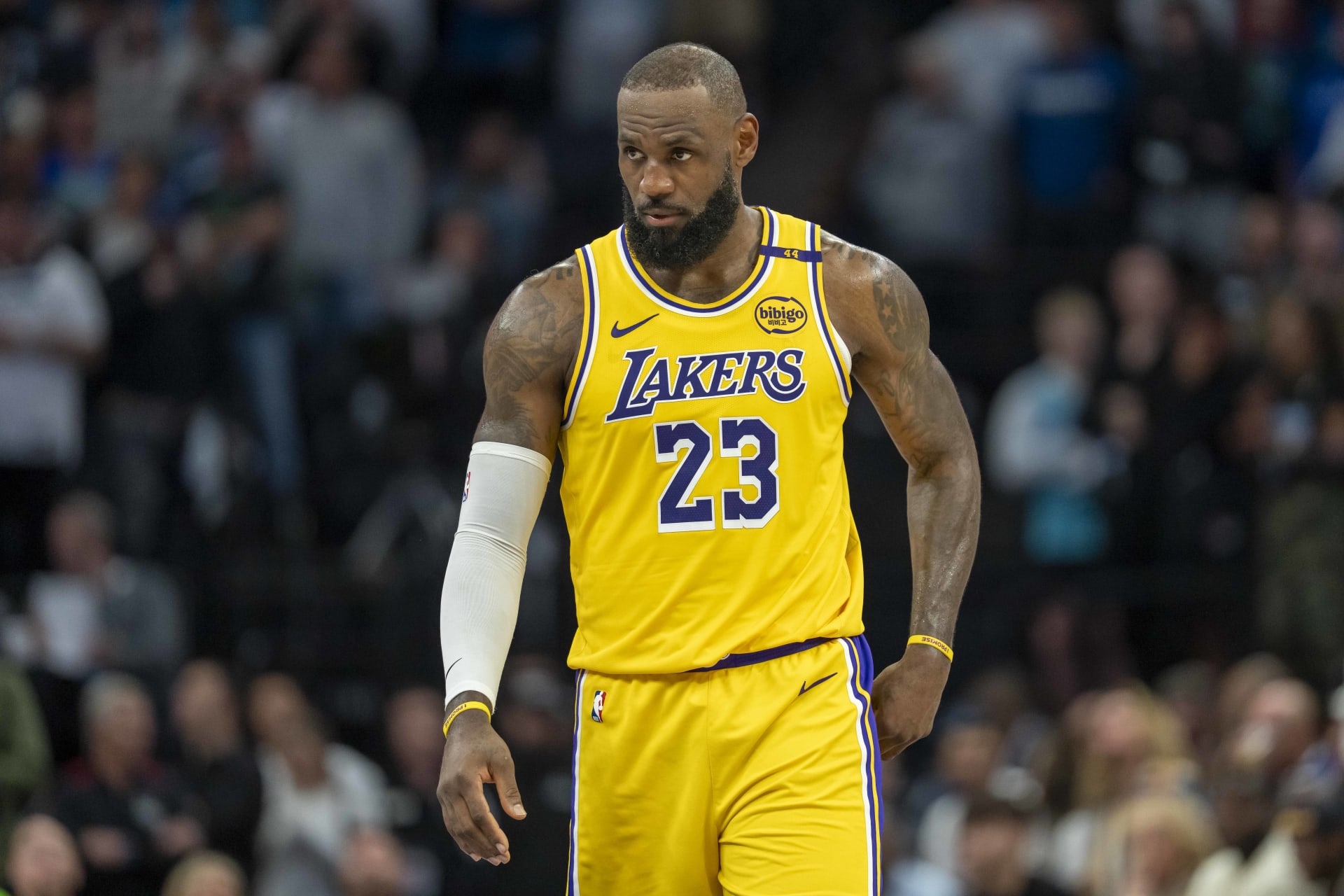 Apr 25, 2025; Minneapolis, Minnesota, USA; Los Angeles Lakers forward LeBron James (23) looks on against the Minnesota Timberwolves in the second half during game three of first round for the 2024 NBA Playoffs at Target Center. Mandatory Credit: Jesse Johnson-Imagn Images