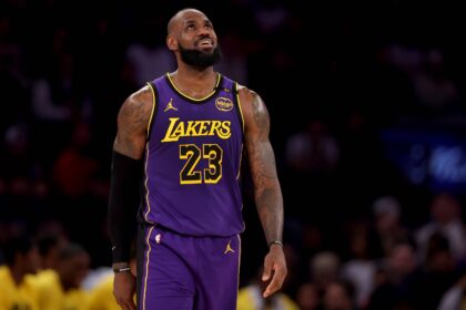 New York, New York, USA; Los Angeles Lakers forward LeBron James (23) reacts during the second quarter against the New York Knicks at Madison Square Garden. Mandatory Credit: Brad Penner-Imagn Images
