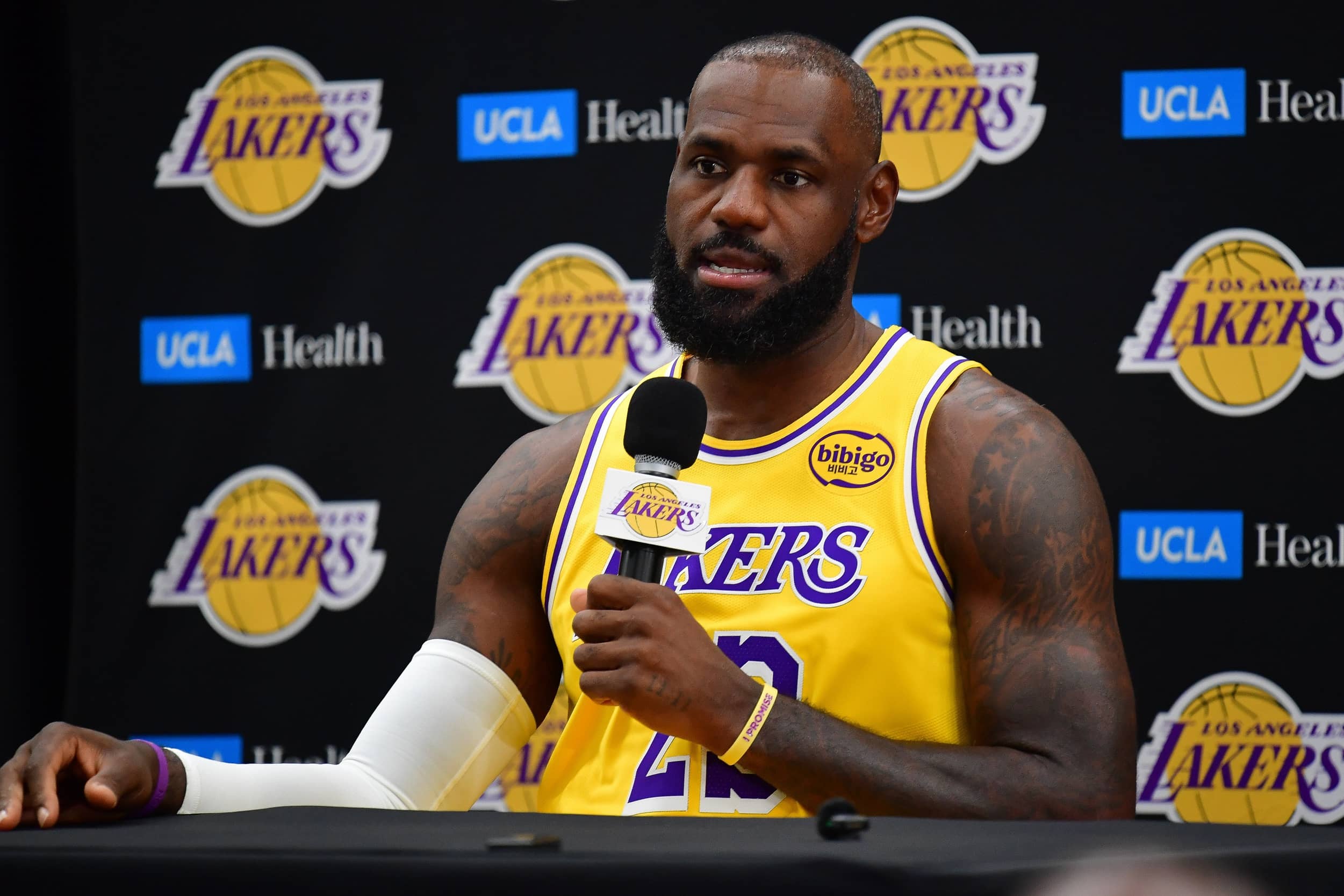 Los Angeles, CA, USA; Los Angeles Lakers forward LeBron James (23) during media day at UCLA Health Training Center. Mandatory Credit: Gary A. Vasquez-Imagn Images