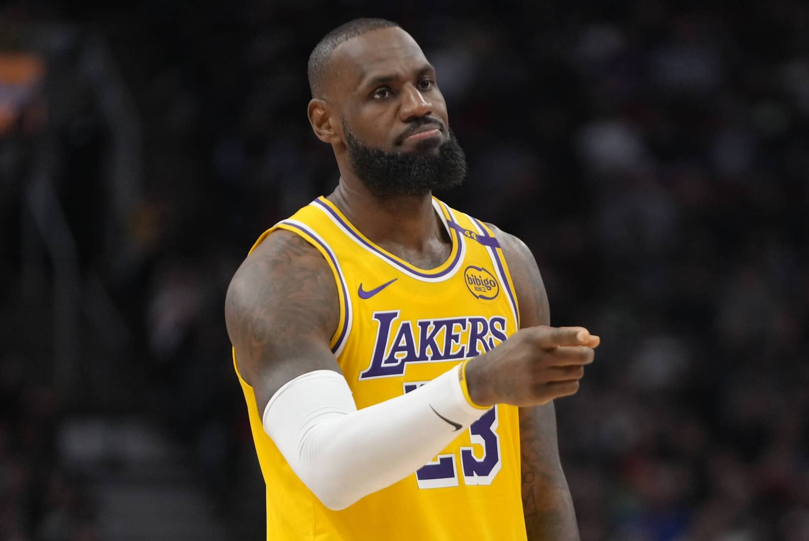 Toronto, Ontario, CAN; Los Angeles Lakers forward LeBron James (23) gestures to a teammate during the first half against the Toronto Raptors at Scotiabank Arena. Mandatory Credit: John E. Sokolowski-Imagn Images
