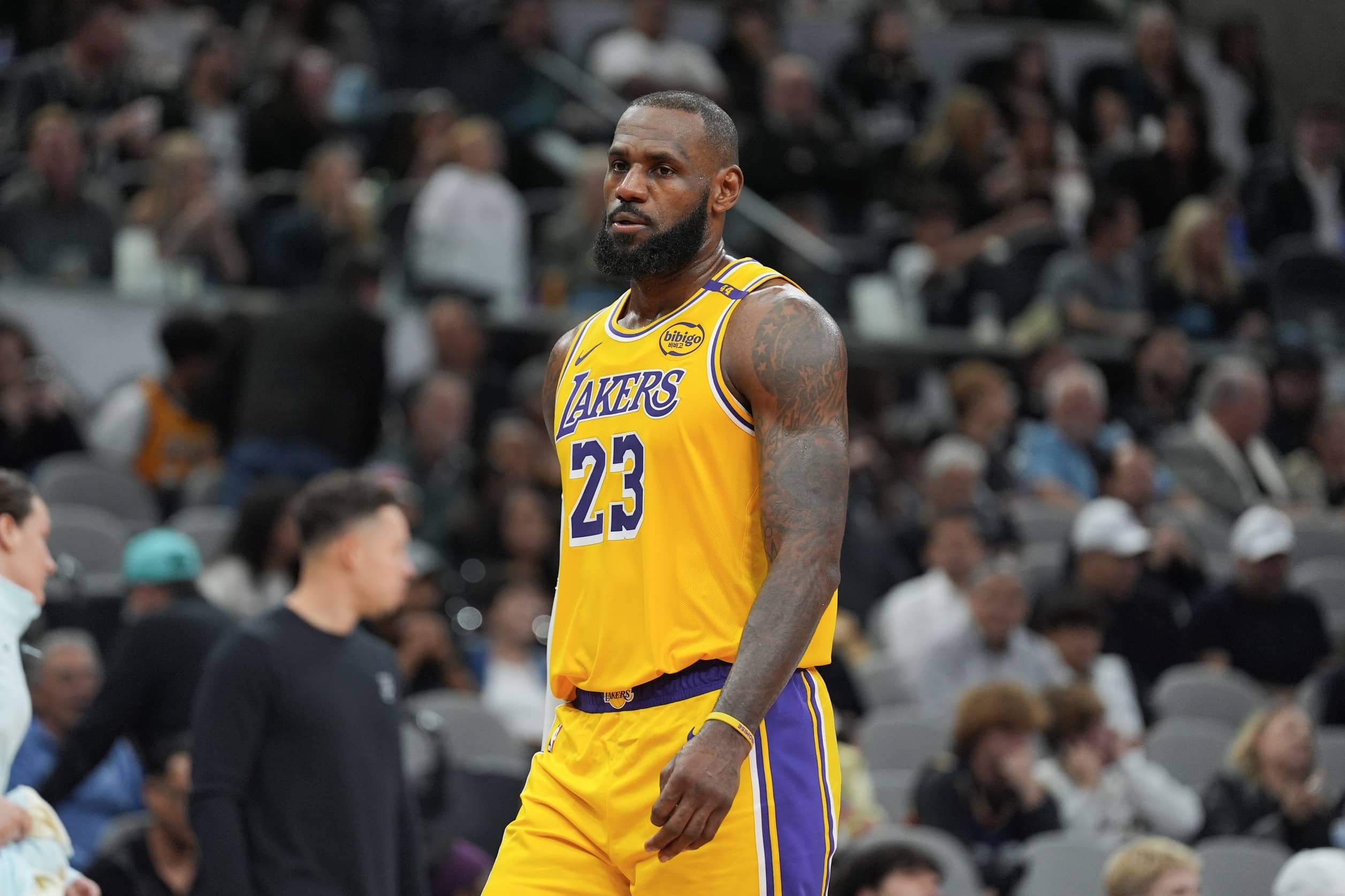 San Antonio, Texas, USA; Los Angeles Lakers forward LeBron James (23) looks over in the first half against the San Antonio Spurs at Frost Bank Center. Mandatory Credit: Daniel Dunn-Imagn Images