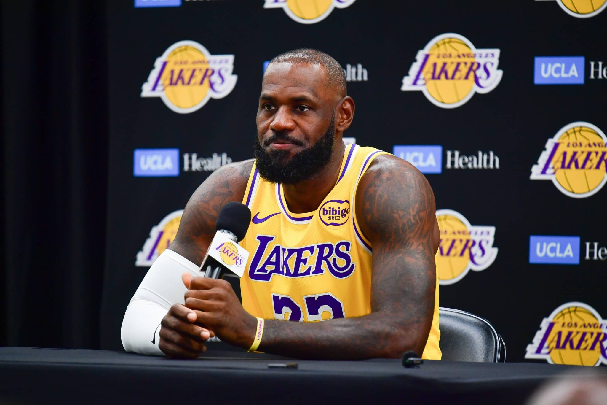 Los Angeles, CA, USA; Los Angeles Lakers forward LeBron James (23) during media day at UCLA Health Training Center. Mandatory Credit: Gary A. Vasquez-Imagn Images