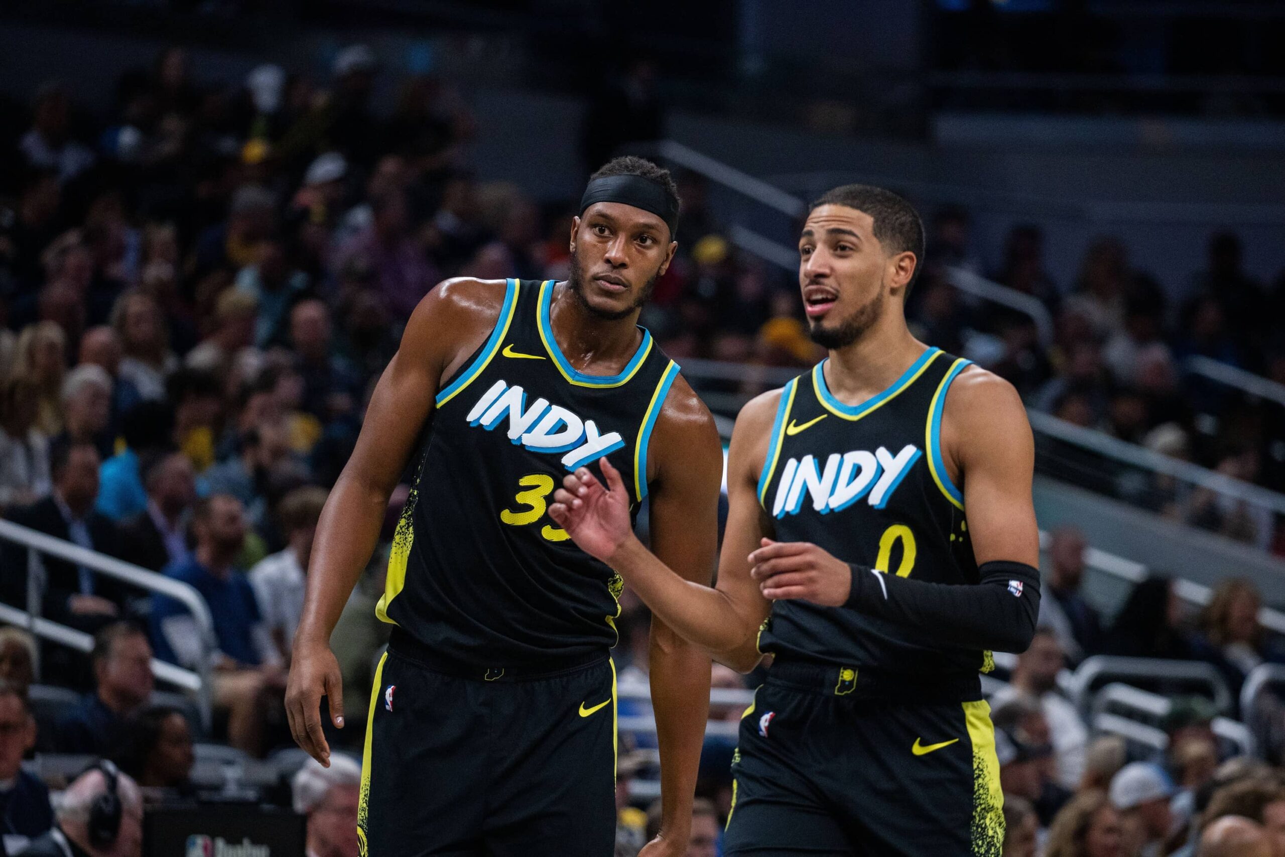 Indianapolis, Indiana, USA; Indiana Pacers center Myles Turner (33) and guard Tyrese Haliburton (0) in the first half against the Milwaukee Bucks at Gainbridge Fieldhouse. Mandatory Credit: Trevor Ruszkowski-Imagn Images