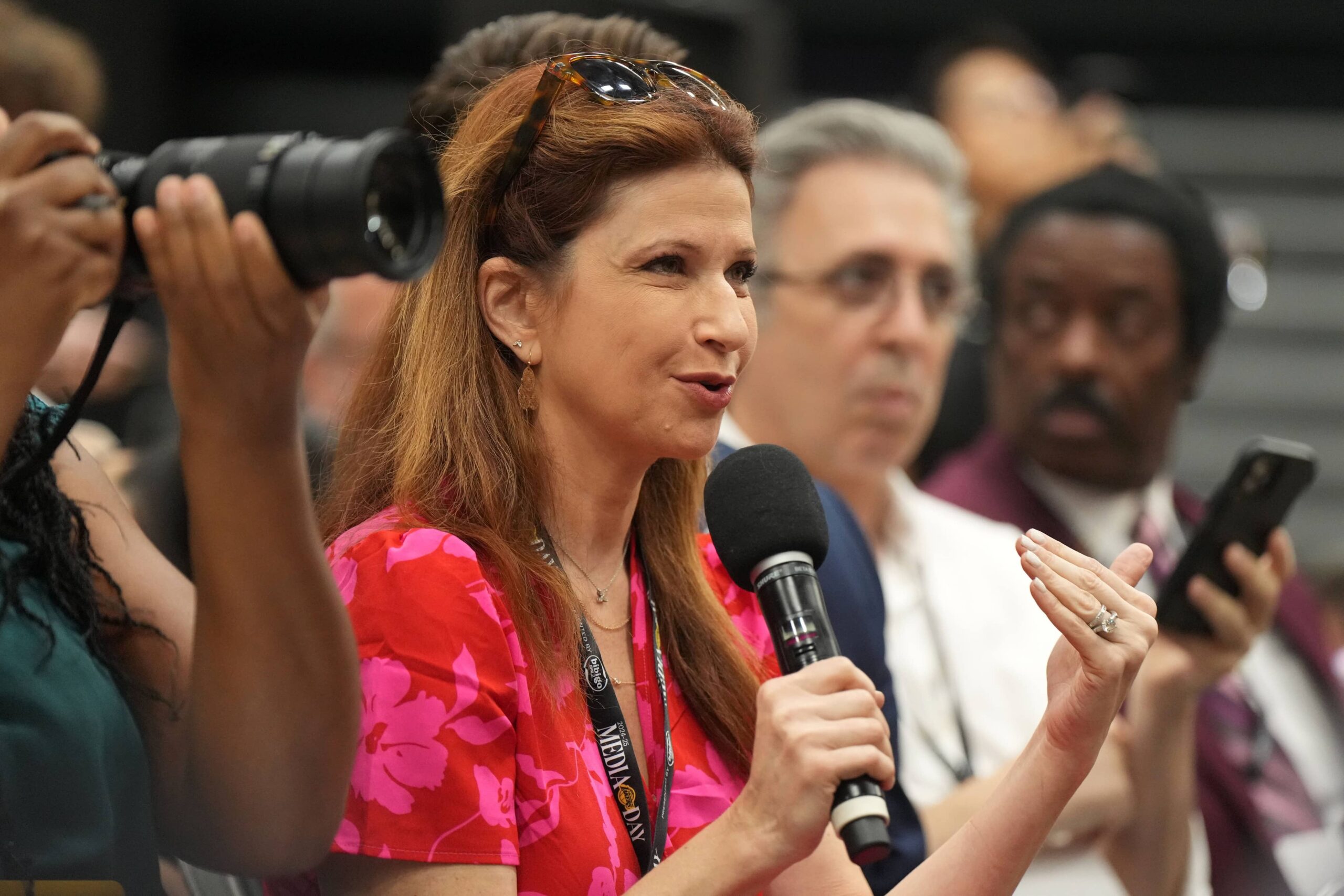 El Segundo, CA, USA; Rachel Nichols during Los Angeles Lakers media day at the UCLA Health Training Center. Mandatory Credit: Kirby Lee-Imagn Images