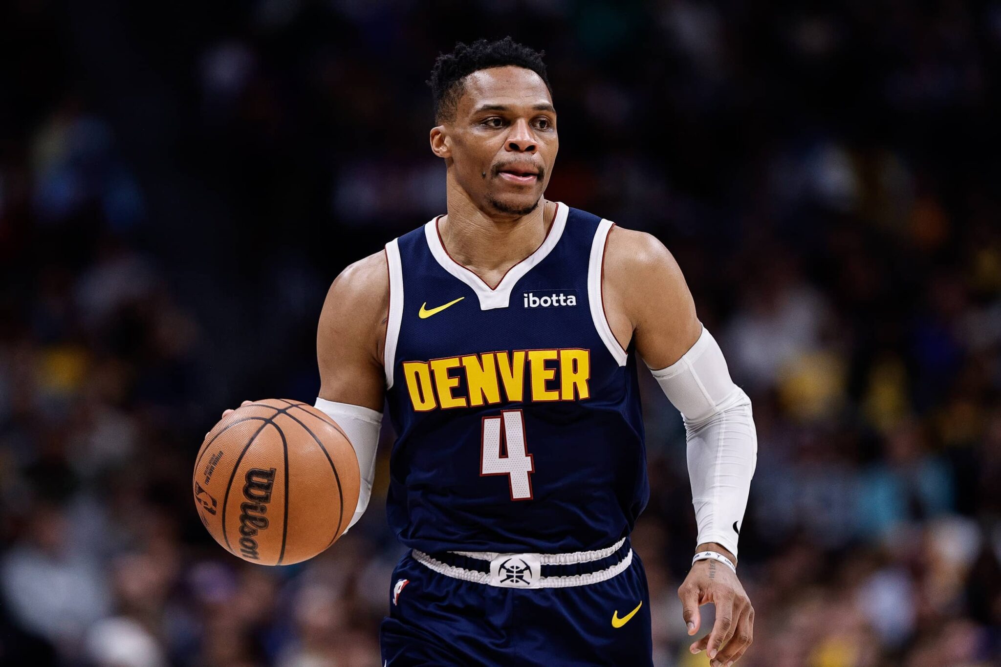 Denver, Colorado, USA; Denver Nuggets guard Russell Westbrook (4) controls the ball in the first quarter against the Los Angeles Lakers at Ball Arena. Mandatory Credit: Isaiah J. Downing-Imagn Images