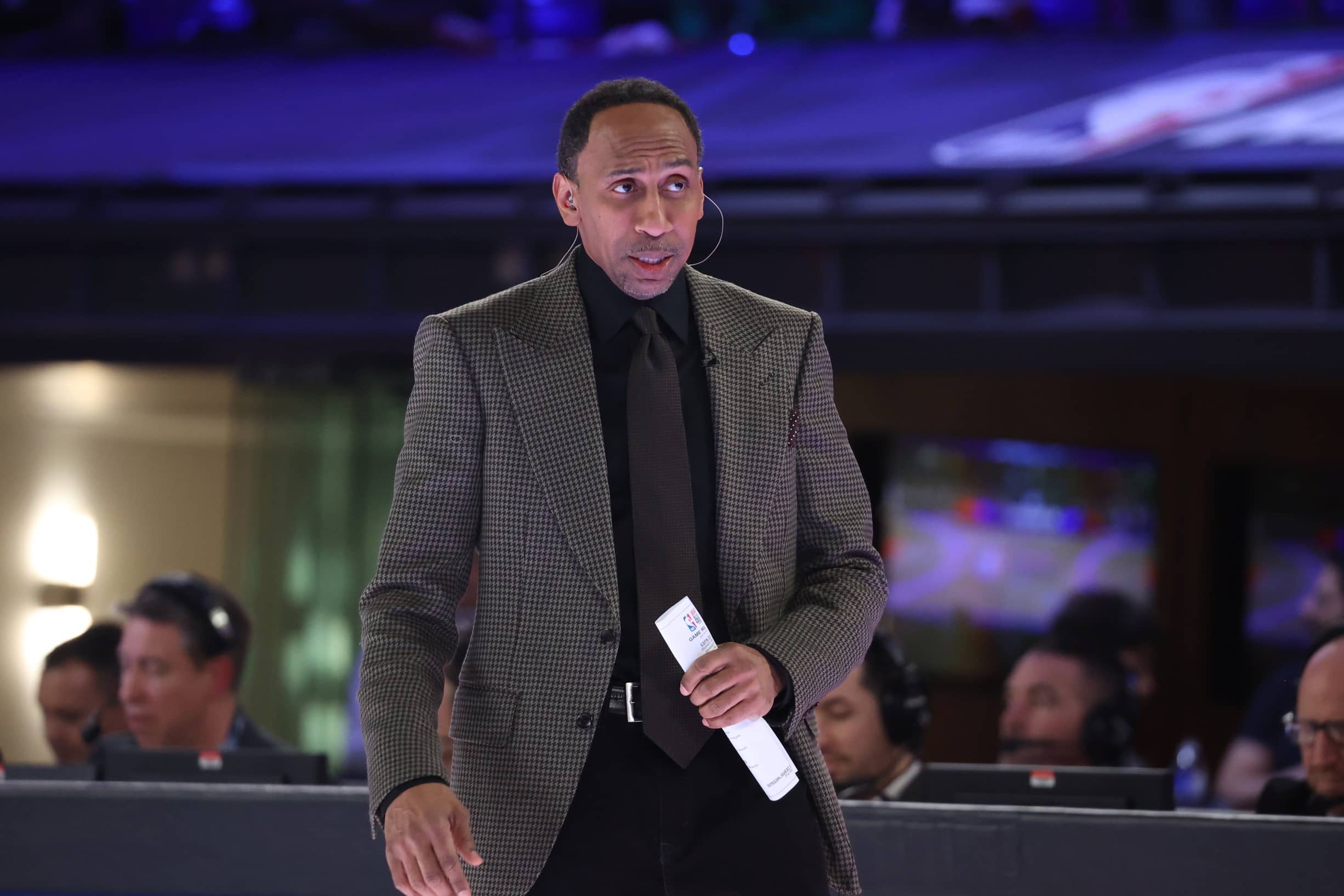 Indianapolis, IN, USA; Team Stephen A coach Stephen A. Smith looks on against Team Shannon during the All Star Celebrity Game at Lucas Oil Stadium. Mandatory Credit: Trevor Ruszkowski-Imagn Images