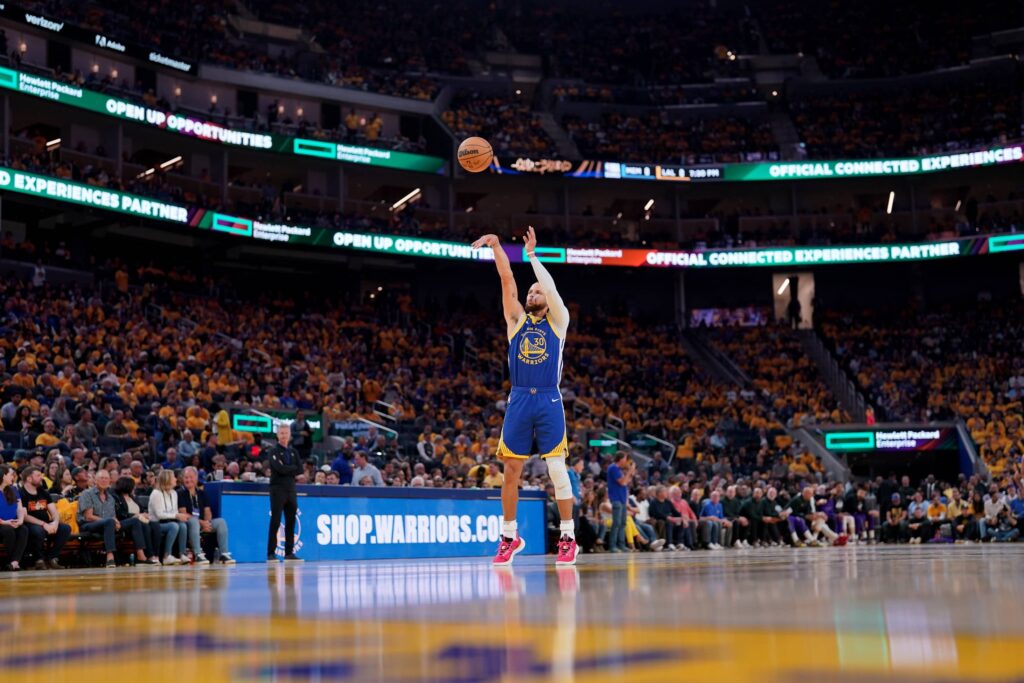 Apr 28, 2023; San Francisco, California, USA; Golden State Warriors guard Stephen Curry (30) shoots a free throw after the Sacramento Kings were called for a technical foul in the second quarter during game six of the 2023 NBA playoffs at the Chase Center. Mandatory Credit: Cary Edmondson-Imagn Images