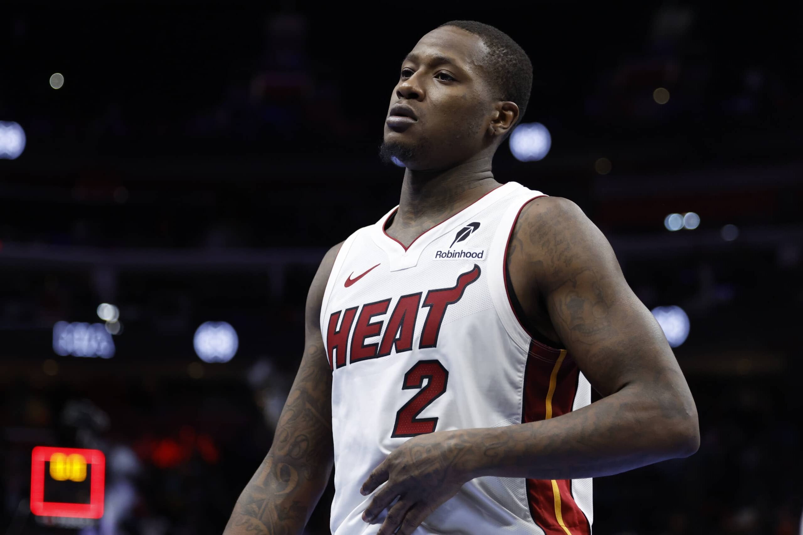 Detroit, Michigan, USA; Miami Heat guard Terry Rozier (2) walks off the court after the game against the Detroit Pistons at Little Caesars Arena. Mandatory Credit: Rick Osentoski-Imagn Images