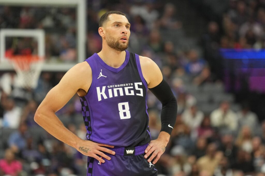 Apr 11, 2025; Sacramento, California, USA; Sacramento Kings guard Zach LaVine (8) during the first quarter against the Los Angeles Clippers at Golden 1 Center. Mandatory Credit: Darren Yamashita-Imagn Images
