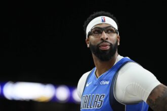 Dallas Mavericks forward Anthony Davis (3) looks outward during the first half against the Los Angeles Lakers at T-Mobile Arena.