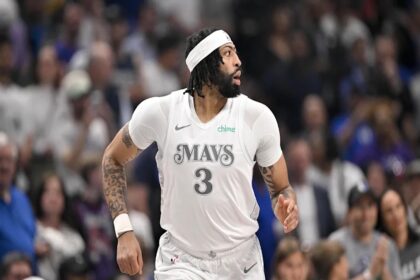Apr 11, 2025; Dallas, Texas, USA; Dallas Mavericks forward Anthony Davis (3) runs back up the court during the first quarter against the Toronto Raptors at the American Airlines Center. Mandatory Credit: Jerome Miron-Imagn Images