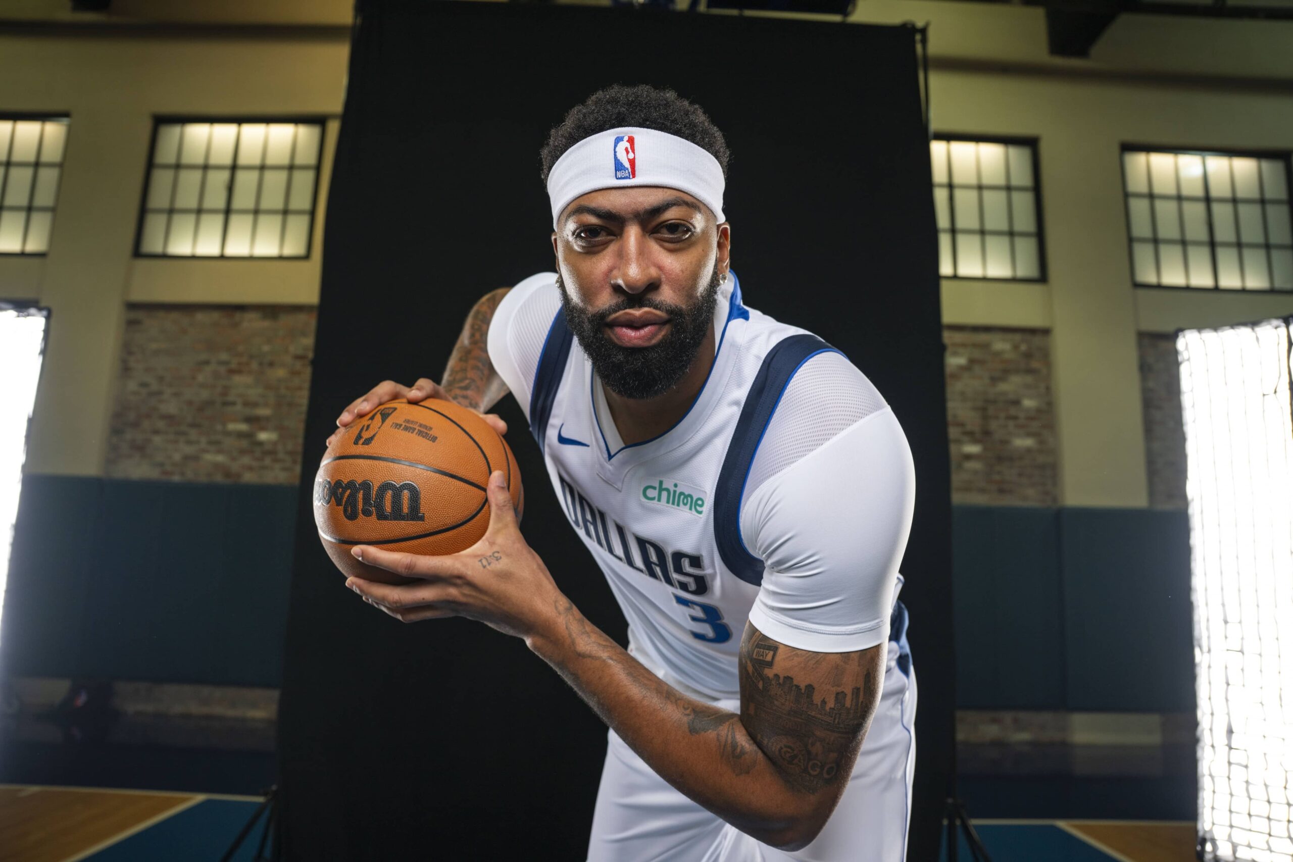 Dallas Mavericks forward Anthony Davis (3) poses for a photo during the Mavericks 2025 media day at the American Airlines Center.