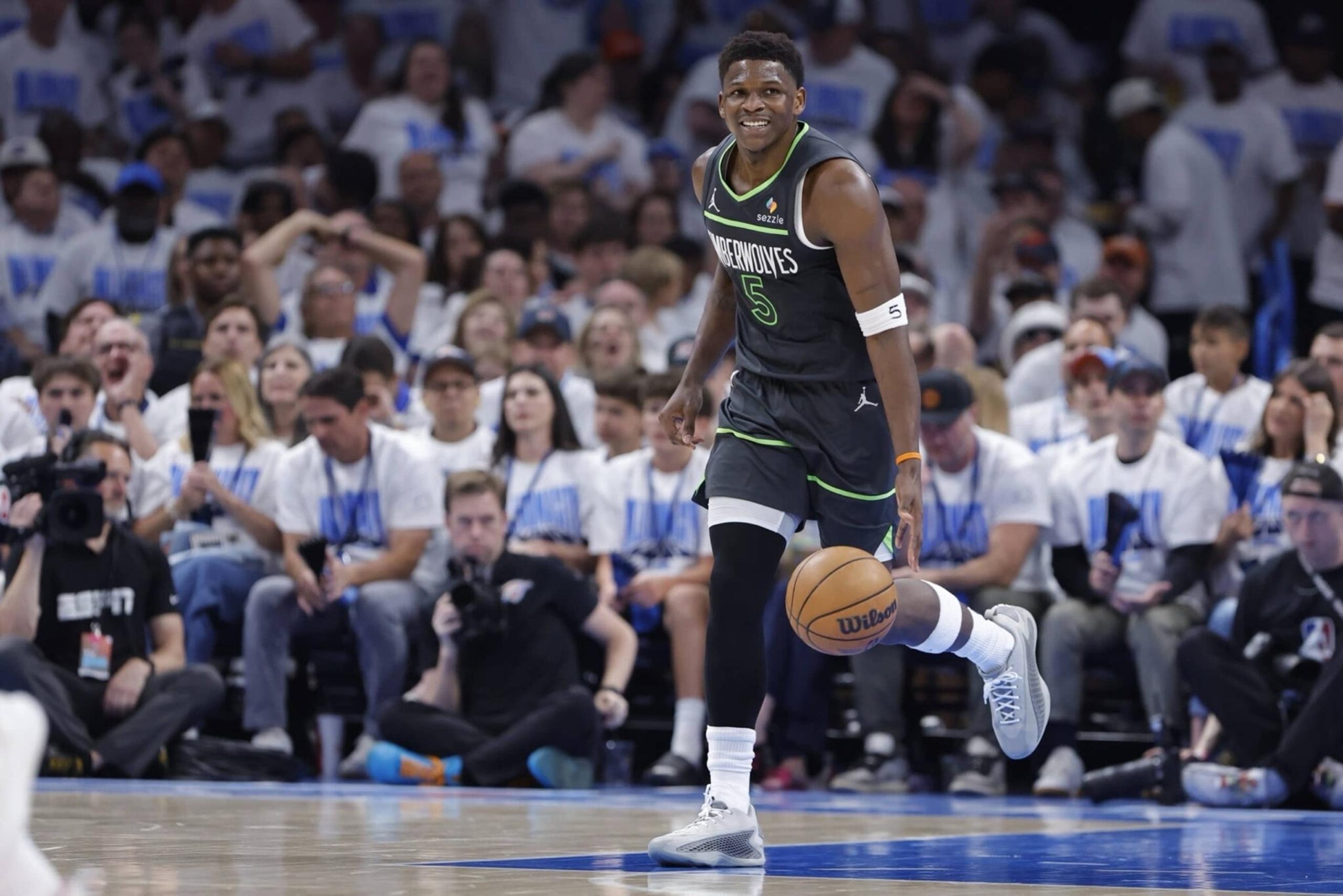 May 20, 2025; Oklahoma City, Oklahoma, USA; Minnesota Timberwolves guard Anthony Edwards (5) dribbles against the Oklahoma City Thunder in the second quarter during game one of the western conference finals for the 2025 NBA Playoffs at Paycom Center. Mandatory Credit: Alonzo Adams-Imagn Images