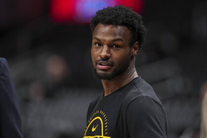 Los Angeles Lakers guard Bronny James (9) on the court prior to the game against the Atlanta Hawks at State Farm Arena.