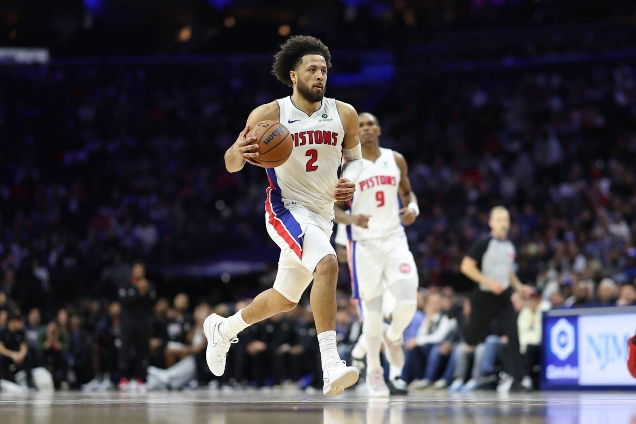 Nov 9, 2025; Philadelphia, Pennsylvania, USA; Detroit Pistons guard Cade Cunningham (2) dribbles up court against the Philadelphia 76ers during the second quarter at Xfinity Mobile Arena. Mandatory Credit: Bill Streicher-Imagn Images