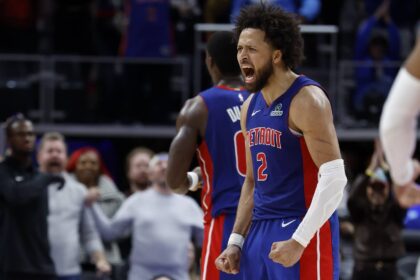 Nov 10, 2025; Detroit, Michigan, USA; Detroit Pistons guard Cade Cunningham (2) celebrates in overtime against the Washington Wizards at Little Caesars Arena. Mandatory Credit: Rick Osentoski-Imagn Images