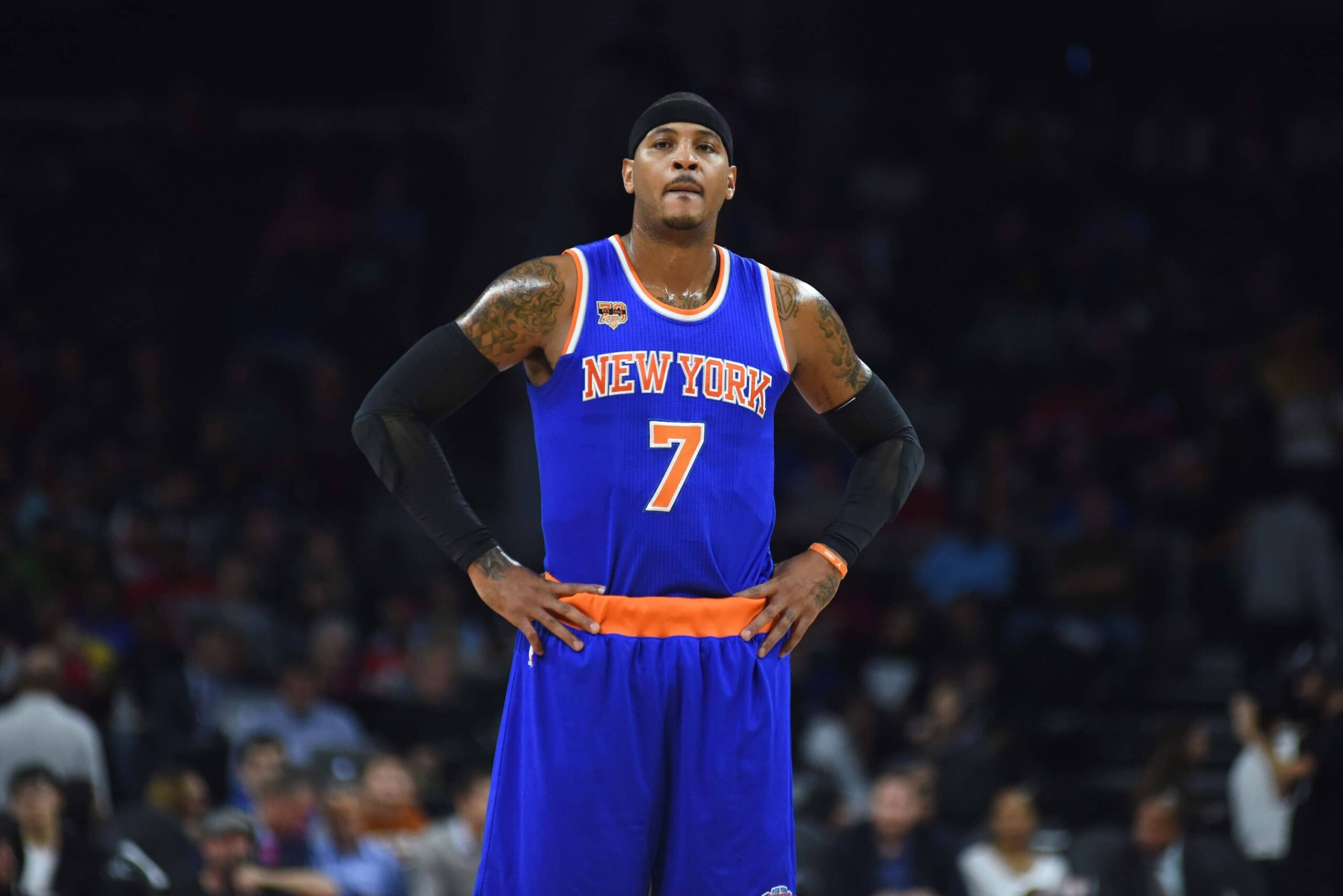 New York Knicks forward Carmelo Anthony (7) during the first quarter against the Detroit Pistons at The Palace of Auburn Hills.
