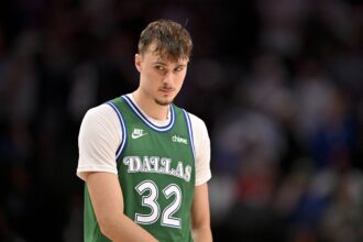 Dallas Mavericks forward Cooper Flagg (32) looks on during the second half against the Oklahoma City Thunder at the American Airlines Center.