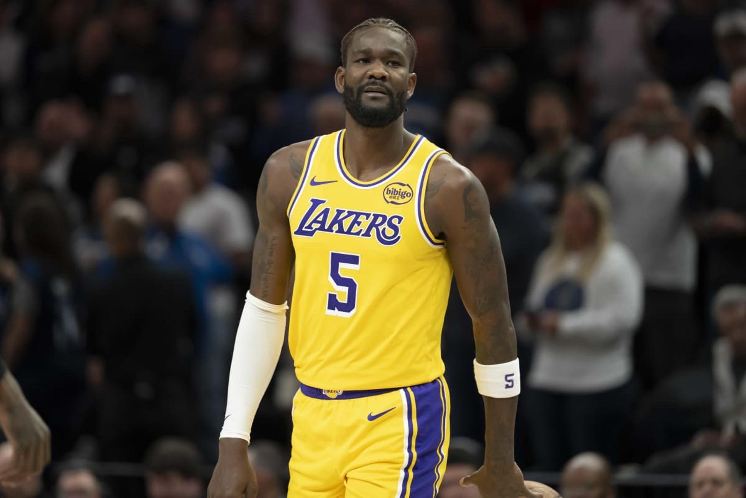 Oct 29, 2025; Minneapolis, Minnesota, USA; Los Angeles Lakers center Deandre Ayton (5) looks on against the Minnesota Timberwolves in the first half at Target Center. Mandatory Credit: Jesse Johnson-Imagn Images