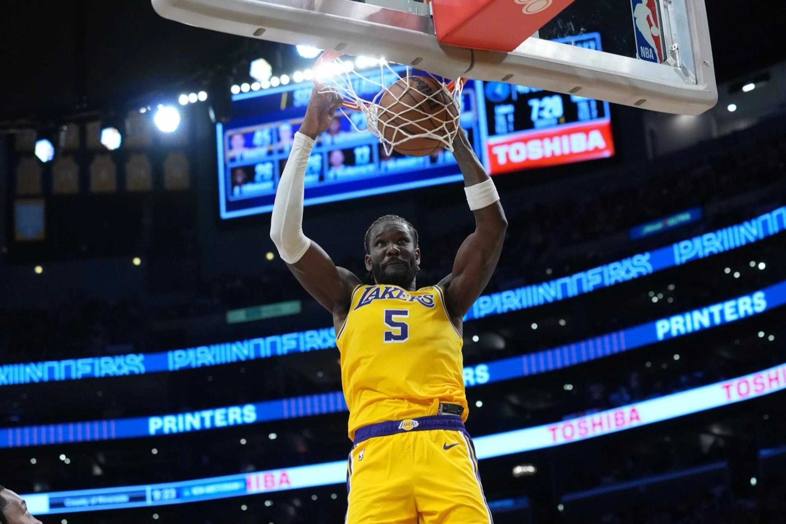 Oct 24, 2025; Los Angeles, California, USA; Los Angeles Lakers center Deandre Ayton (5) dunks the ball in the second half against the Minnesota Timberwolves at Crypto.com Arena. Mandatory Credit: Kirby Lee-Imagn Images