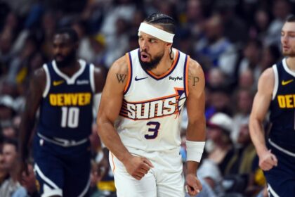 Denver, Colorado, USA; Phoenix Suns forward Dillon Brooks (3) reacts after making a shot during the first half against the Denver Nuggets at Ball Arena. Mandatory Credit: Christopher Hanewinckel-Imagn Images