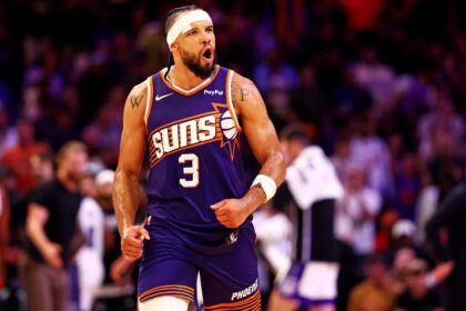 Phoenix, Arizona, USA; Phoenix Suns forward Dillon Brooks (3) reacts to a play during the second half against the Sacramento Kings at the Mortgage Matchup Center. Mandatory Credit: Mark J. Rebilas-Imagn Images