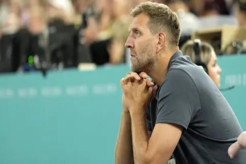 Aug 6, 2024; Paris, France; Dirk Nowitzki attends a menís basketball quarterfinal game between Greece and Germany during the Paris 2024 Olympic Summer Games at Accor Arena. Mandatory Credit: Kyle Terada-Imagn Images
