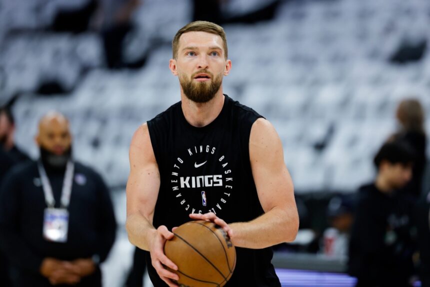 Apr 16, 2025; Sacramento, California, USA; Sacramento Kings forward Domantas Sabonis (11) warms up before the game against the Dallas Mavericks at Golden 1 Center. Mandatory Credit: Sergio Estrada-Imagn Images