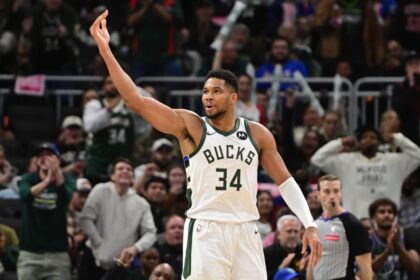 Oct 28, 2025; Milwaukee, Wisconsin, USA; Milwaukee Bucks forward Giannis Antetokounmpo (34) reacts after scoring a basket in the 3rd quarter against the New York Knicks at Fiserv Forum. Mandatory Credit: Benny Sieu-Imagn Images