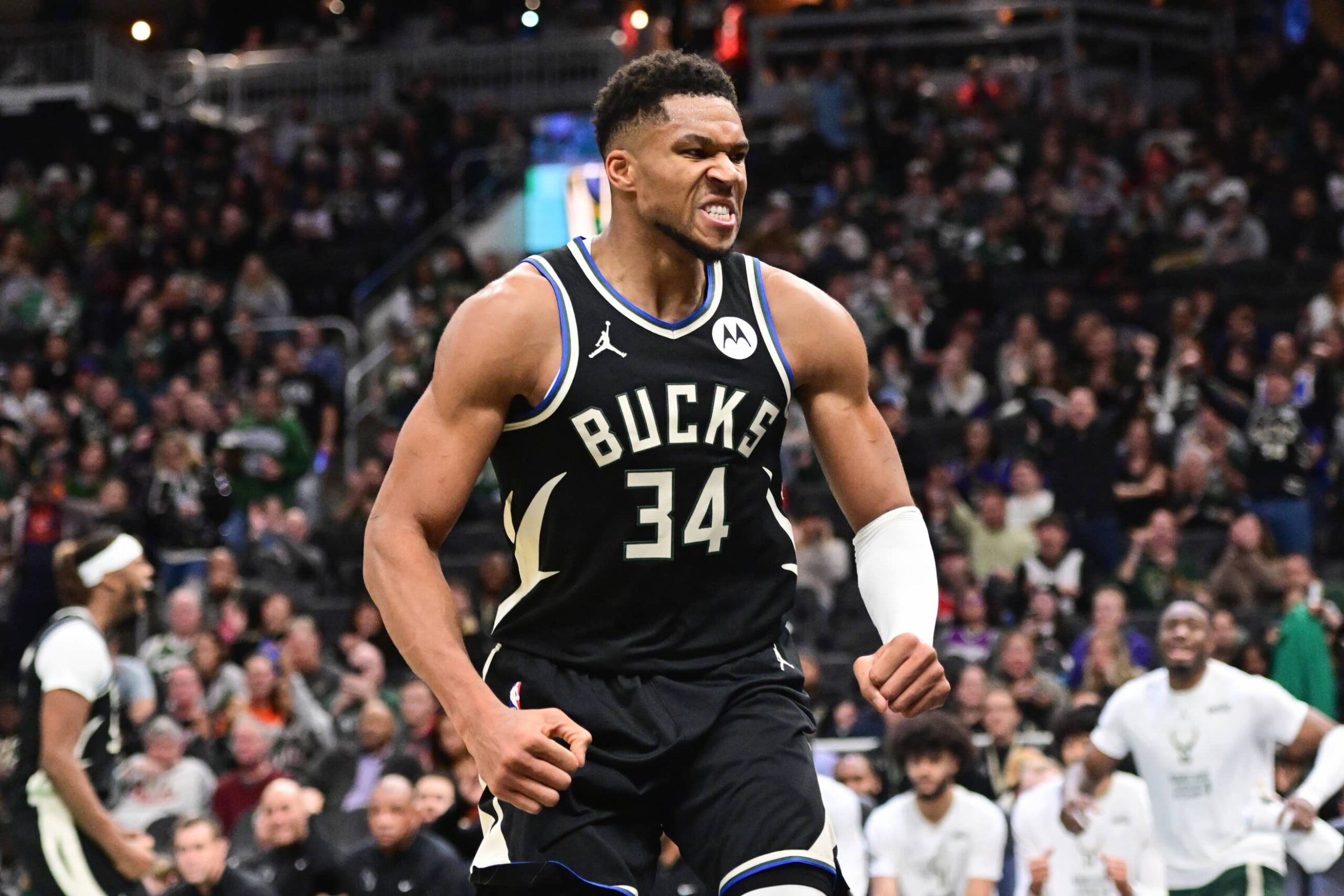 Milwaukee Bucks forward Giannis Antetokounmpo (34) reacts after scoring a basket in the 3rd quarter against the Chicago Bulls at Fiserv Forum.