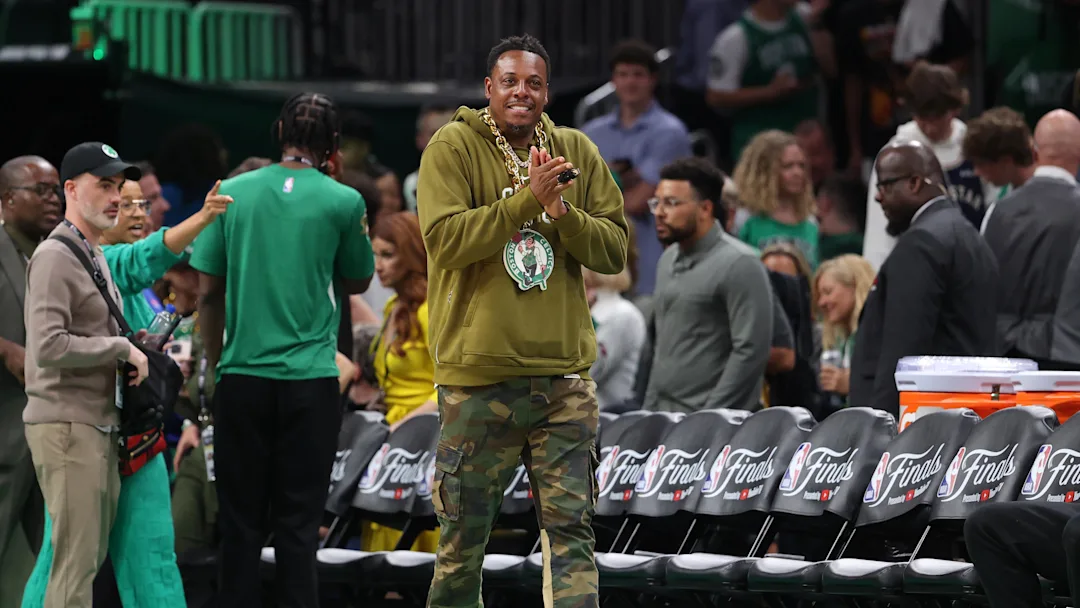 Jun 9, 2024; Boston, Massachusetts, USA; Boston Celtics former player Paul Pierce walks onto the court before game two of the 2024 NBA Finals between the Boston Celtics and the Dallas Mavericks at TD Garden. Mandatory Credit: Peter Casey-Imagn Images