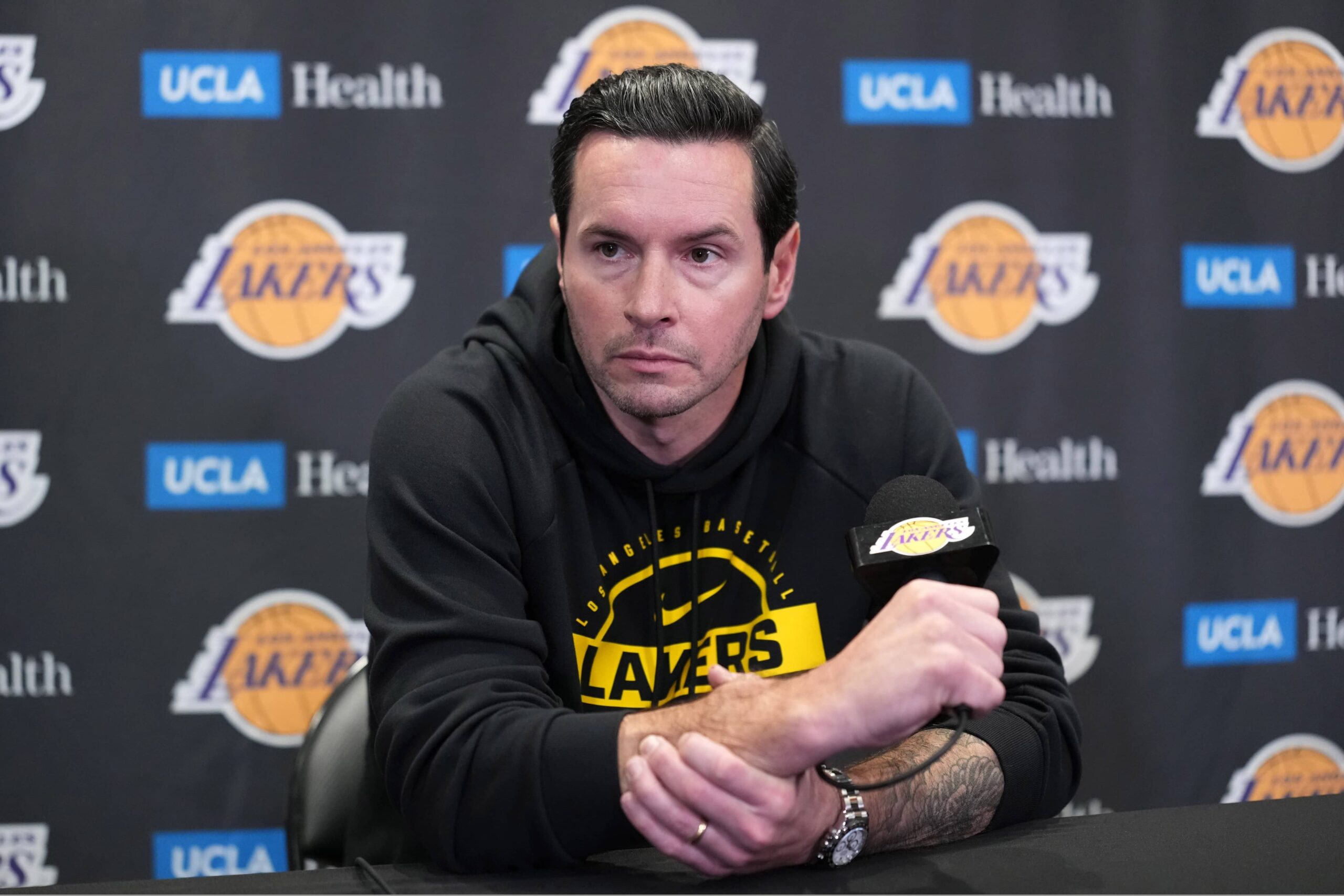 Los Angeles Lakers head coach JJ Redick at press conference at Crypto.com Arena.