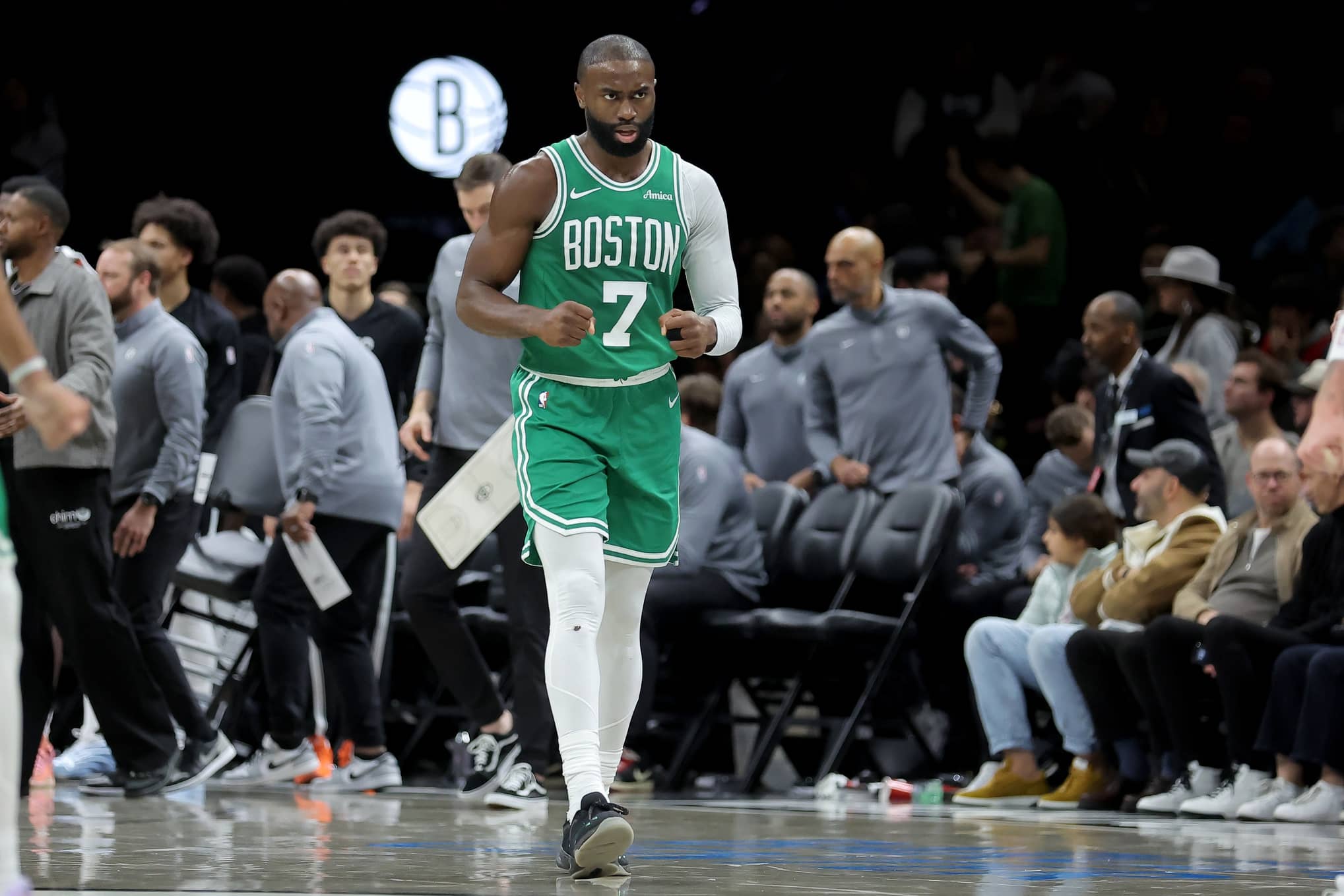 Boston Celtics guard Jaylen Brown (7) reacts during the fourth quarter against the Brooklyn Nets at Barclays Center.