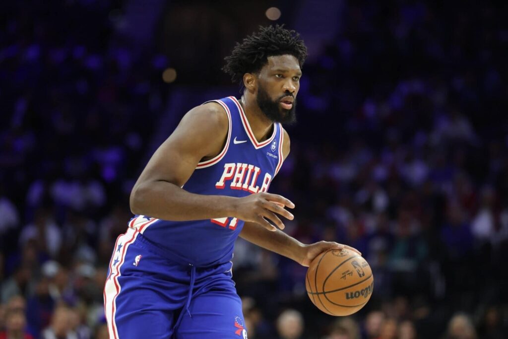Oct 25, 2025; Philadelphia, Pennsylvania, USA; Philadelphia 76ers center Joel Embiid (21) controls the ball against the Charlotte Hornets during the first quarter at Xfinity Mobile Arena. Mandatory Credit: Bill Streicher-Imagn Images