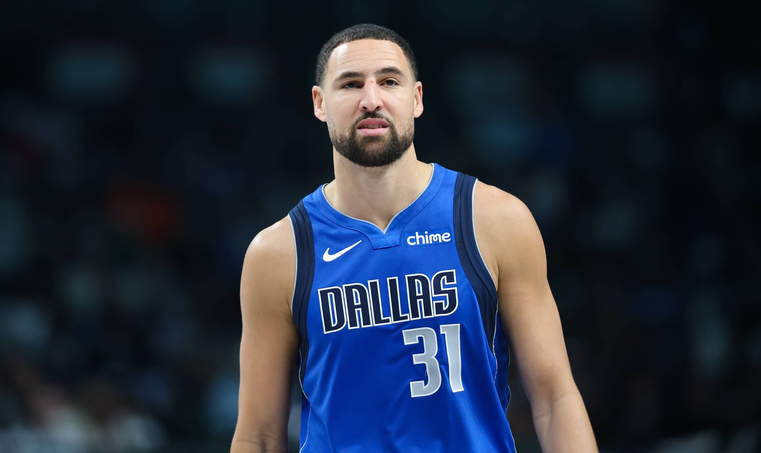Dallas Mavericks guard Klay Thompson (31) reacts against the New Orleans Pelicans during the first quarter at American Airlines Center.