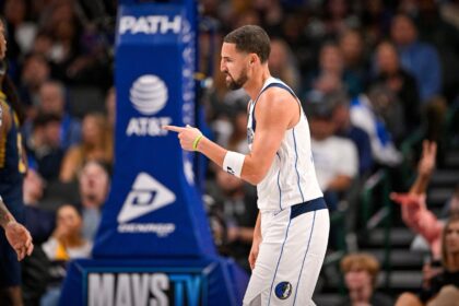 Oct 29, 2025; Dallas, Texas, USA; Dallas Mavericks guard Klay Thompson (31) celebrates after making a three point against the Indiana Pacers during the second quarter at the American Airlines Center.
