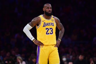 Los Angeles, California, USA; Los Angeles Lakers forward LeBron James (23) reacts during the first half in game five of first round for the 2025 NBA Playoffs at Crypto.com Arena. Mandatory Credit: Gary A. Vasquez-Imagn Images