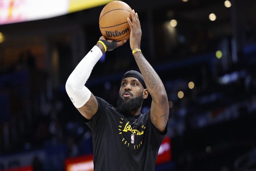 Apr 8, 2025; Oklahoma City, Oklahoma, USA; Los Angeles Lakers forward LeBron James warms up before the start of a game against the Oklahoma City Thunder at Paycom Center. Mandatory Credit: Alonzo Adams-Imagn Images