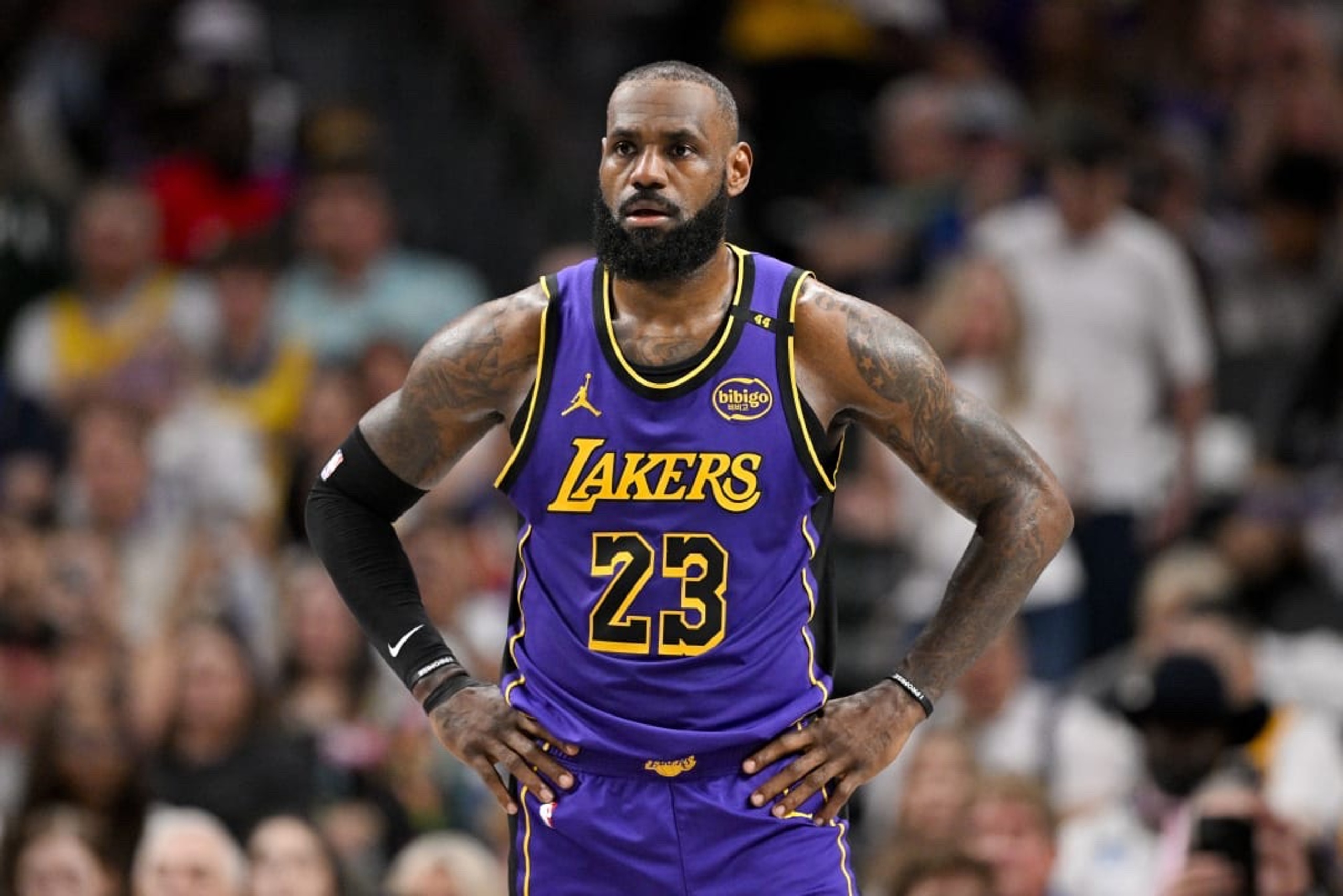 Apr 9, 2025; Dallas, Texas, USA; Los Angeles Lakers forward LeBron James (23) during the game between the Dallas Mavericks and the Los Angeles Lakers at American Airlines Center. Mandatory Credit: Jerome Miron-Imagn Images