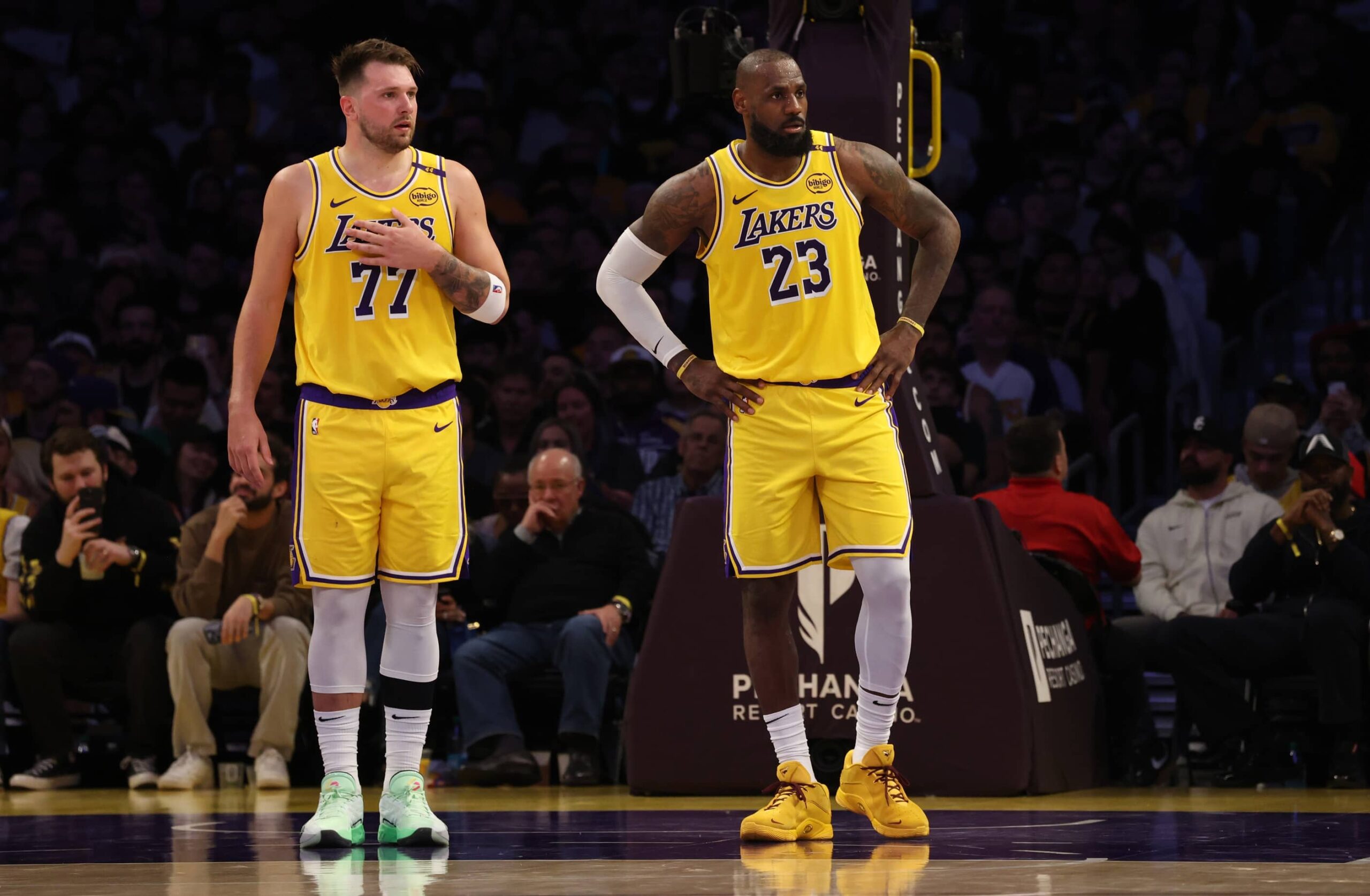 Los Angeles Lakers guard Luka Doncic (77) and forward LeBron James (23) during the second quarter against the Minnesota Timberwolves at Crypto.com Arena.