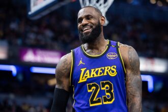 Los Angeles Lakers forward LeBron James (23) reacts in the second half against the Indiana Pacers at Gainbridge Fieldhouse.