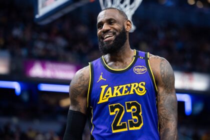 Los Angeles Lakers forward LeBron James (23) reacts in the second half against the Indiana Pacers at Gainbridge Fieldhouse.