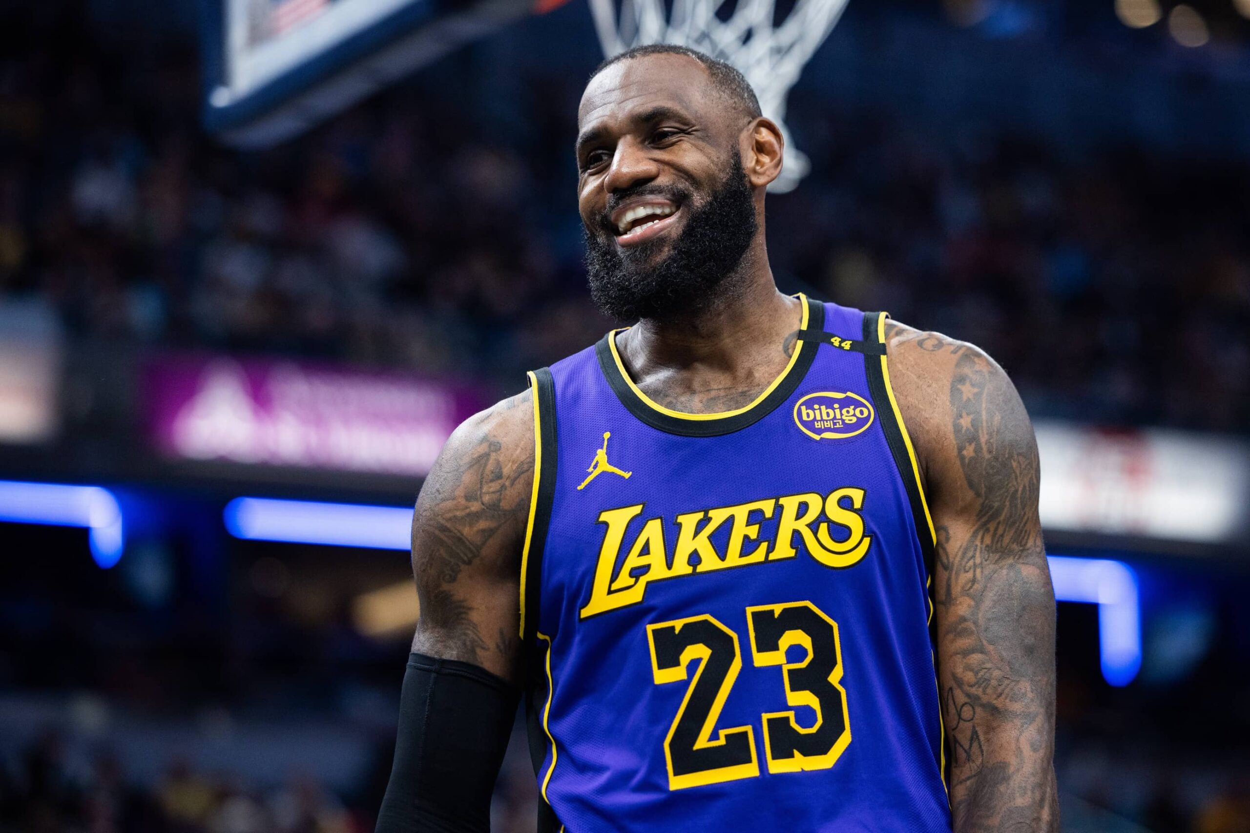 Los Angeles Lakers forward LeBron James (23) reacts in the second half against the Indiana Pacers at Gainbridge Fieldhouse.