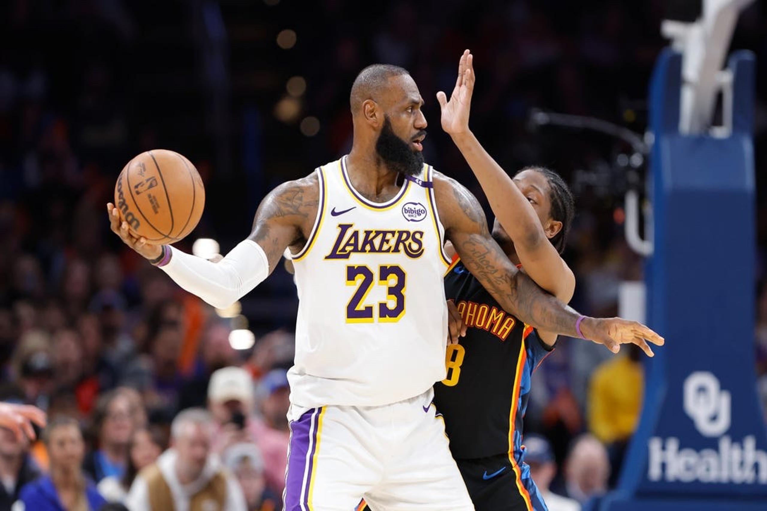 Apr 6, 2025; Oklahoma City, Oklahoma, USA; Oklahoma City Thunder forward Jalen Williams (8) defends Los Angeles Lakers forward LeBron James (23) during the second half at Paycom Center. Mandatory Credit: Alonzo Adams-Imagn Images
