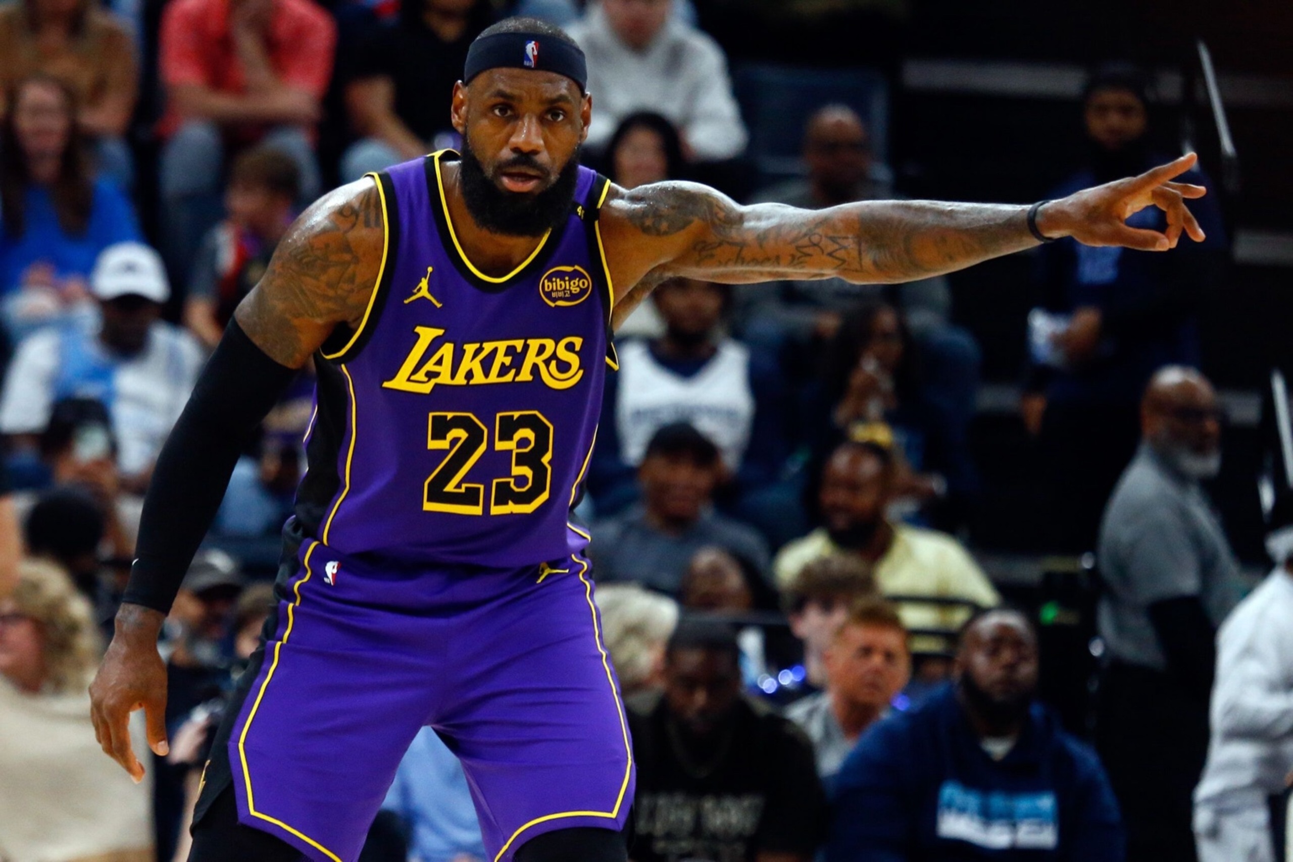 Mar 29, 2025; Memphis, Tennessee, USA; Los Angeles Lakers forward LeBron James (23) reacts during the second quarter against the Memphis Grizzlies at FedExForum. Mandatory Credit: Petre Thomas-Imagn Images