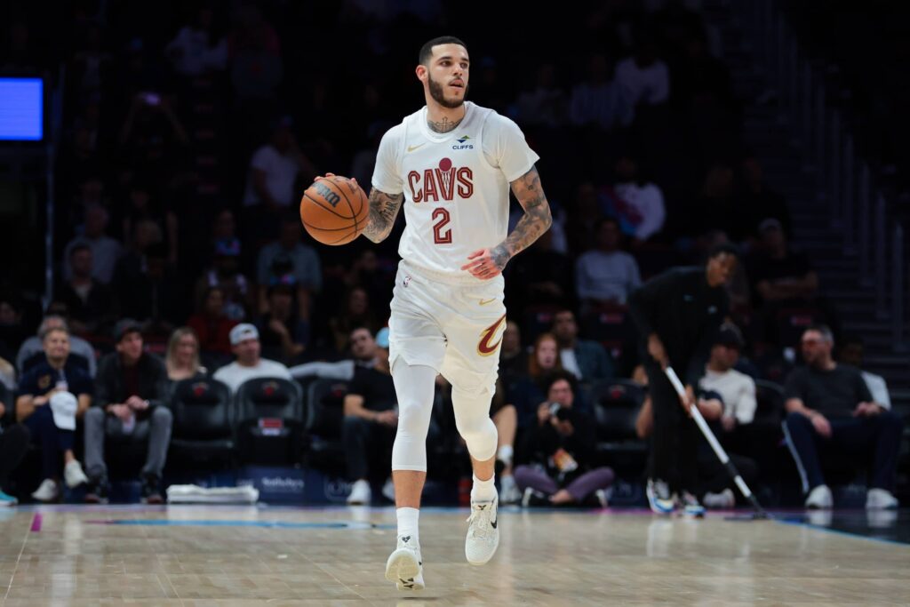 Cleveland Cavaliers guard Lonzo Ball (2) dribbles the basketball against the Miami Heat during the first quarter at Kaseya Center.