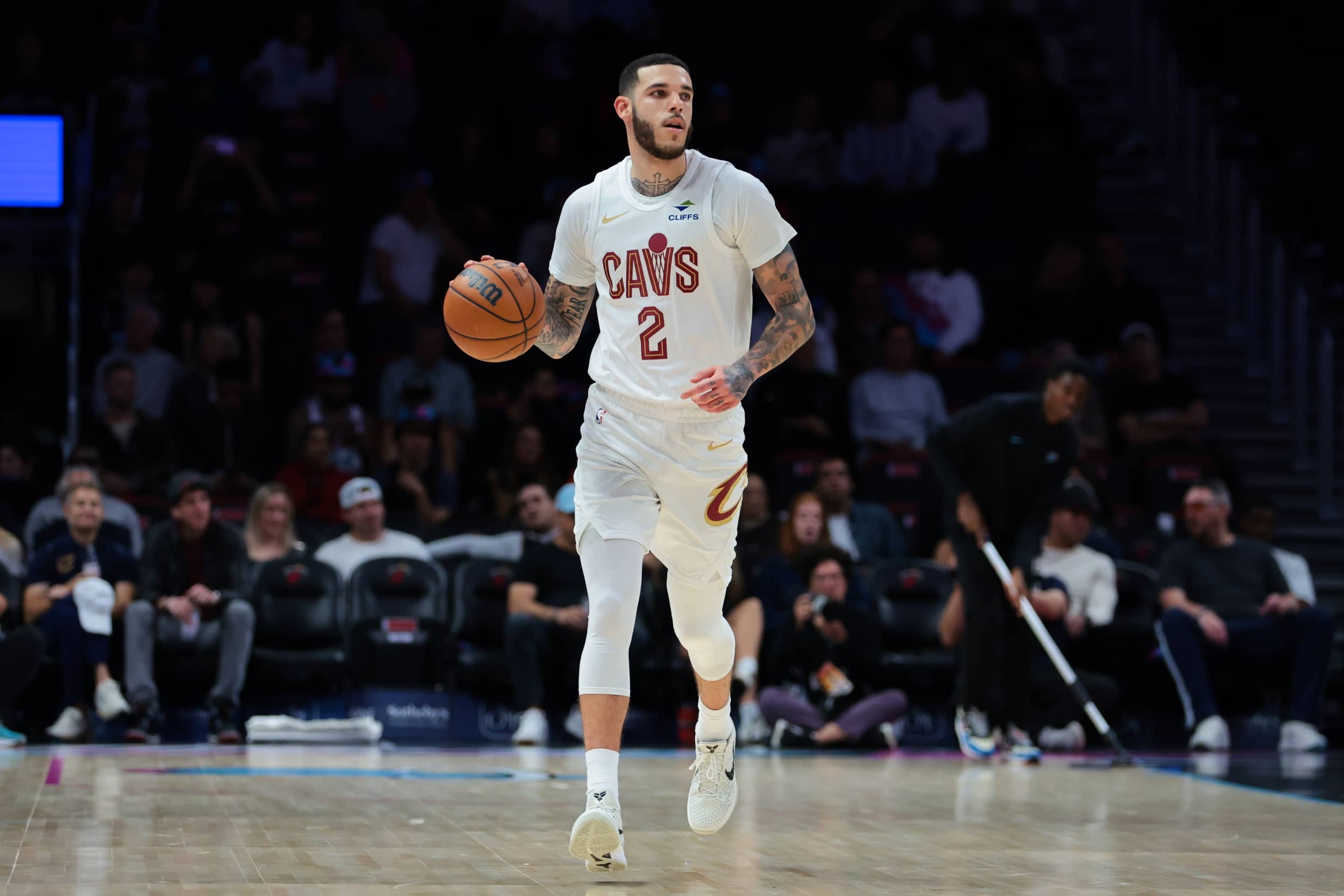 Cleveland Cavaliers guard Lonzo Ball (2) dribbles the basketball against the Miami Heat during the first quarter at Kaseya Center.