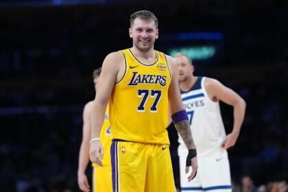 Oct 24, 2025; Los Angeles, California, USA; Los Angeles Lakers guard Luka Doncic (77) reacts in the second half against the Minnesota Timberwolves at Crypto.com Arena. Mandatory Credit: Kirby Lee-Imagn Images
